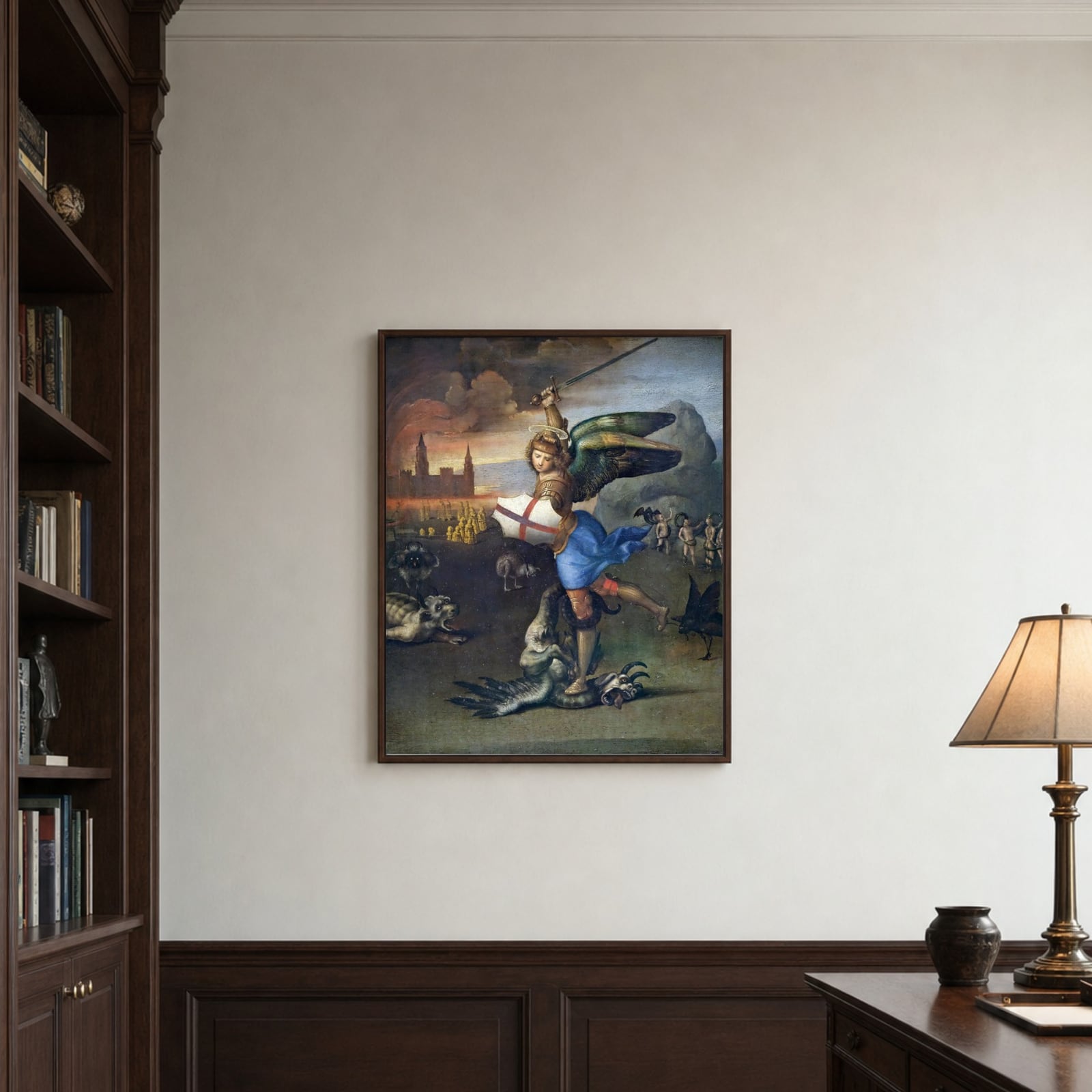 Saint Michael and the Dragon by Raphael — framed canvas print on a wall